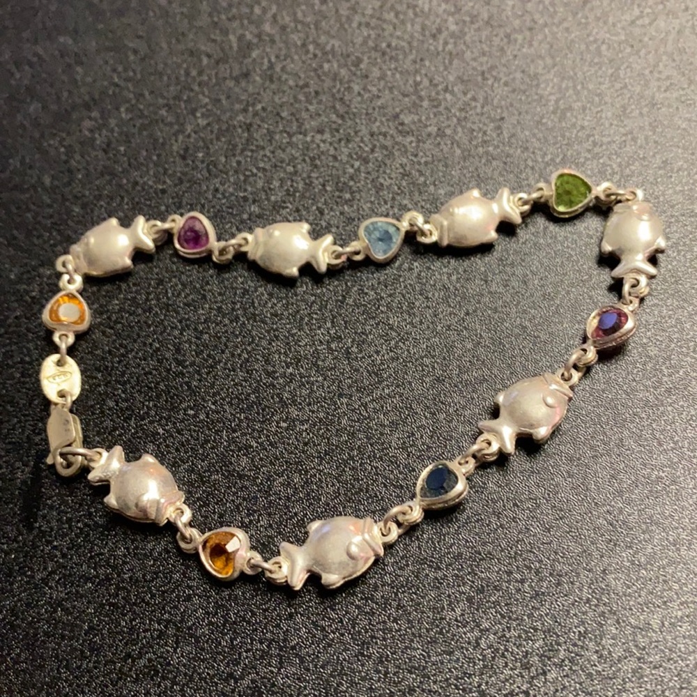 Silver funky fish bracelet w/ 7 multicolored gems